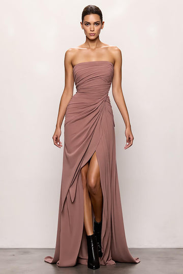Strapless Blush Sheath Ruched Evening Dress With Slit